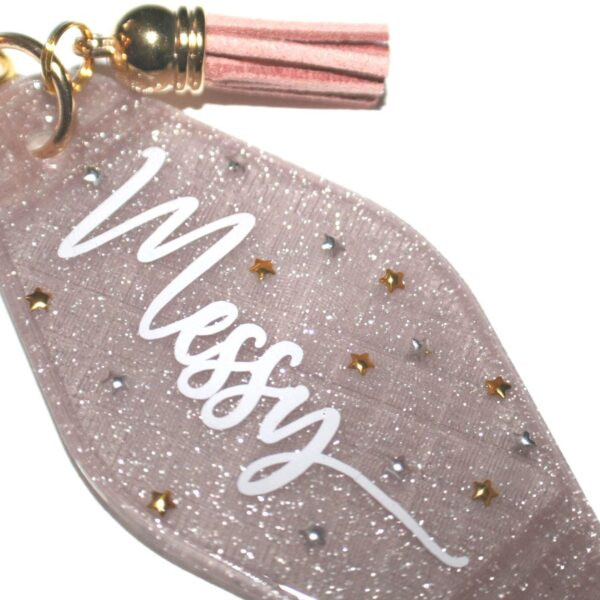 Sparkling Bronze "Messy" Keychain with Glitter & Stars - Durable, Shiny, and Stylish - Messy Queen Keychain - Image 3