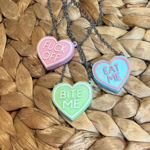 Bite Me Salty Conversation Heart Necklace - 3D Printed, Hand-Colored, Glazed Pendant, 18” Chain - Image 4