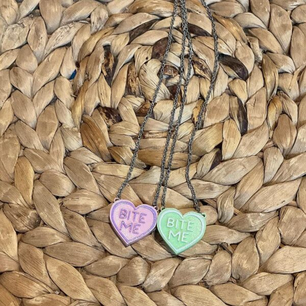 Bite Me Salty Conversation Heart Necklace - 3D Printed, Hand-Colored, Glazed Pendant, 18” Chain - Image 5