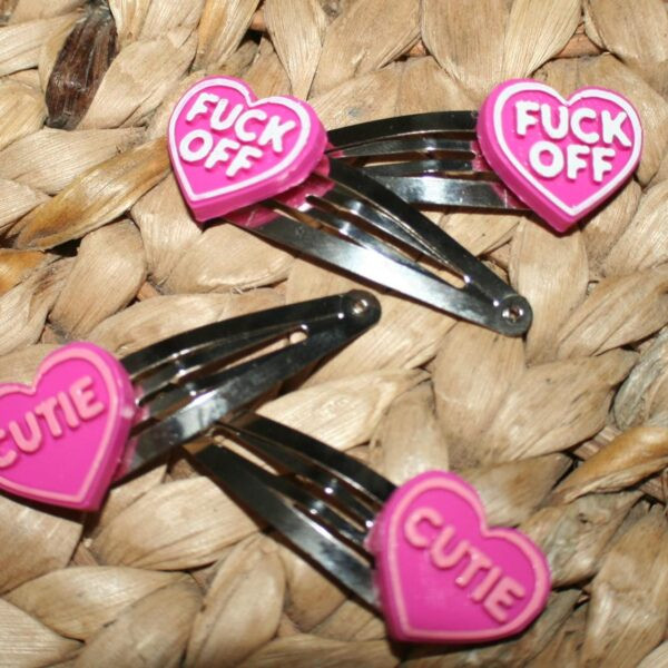 Sassy Conversation Heart Hair Clip Set - Hot Pink Candy Heart - Fuck Off - Cutie - Snap Clips - Valentines Day Hair Clips - Image 3