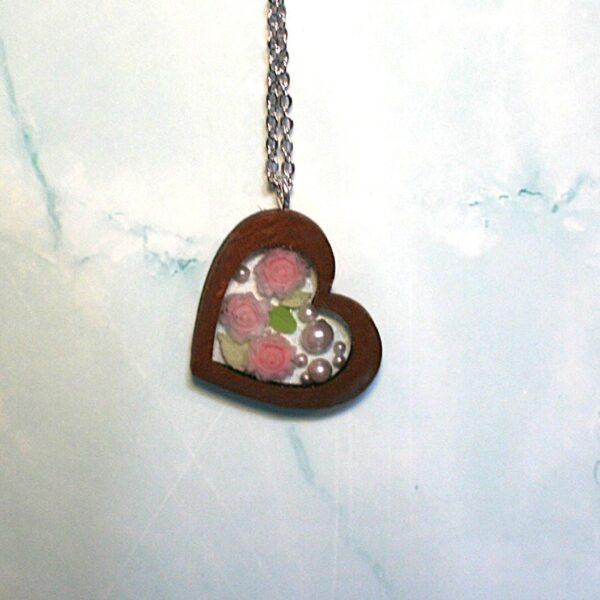 Rose, Pearl and Wood Resin Heart Necklace –  on Stainless Steel Chain – Nickel  Lead-Free - Image 3