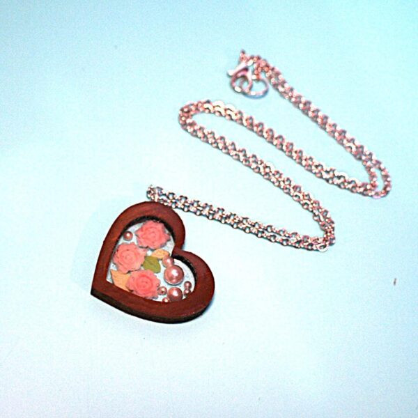 Rose, Pearl and Wood Resin Heart Necklace –  on Stainless Steel Chain – Nickel  Lead-Free - Image 4