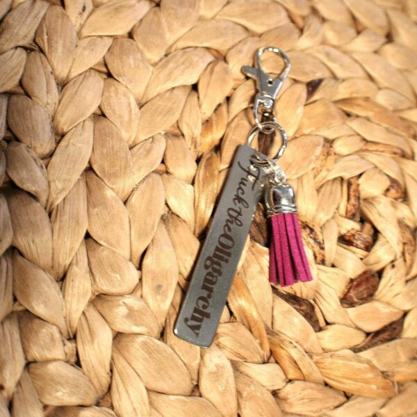 Fuck the Oligarchy Keychain with Tassel –Stainless Steel Keychain - Stainless Steel Keychain - Feminist Key chain - Liberal Keychain - Image 4