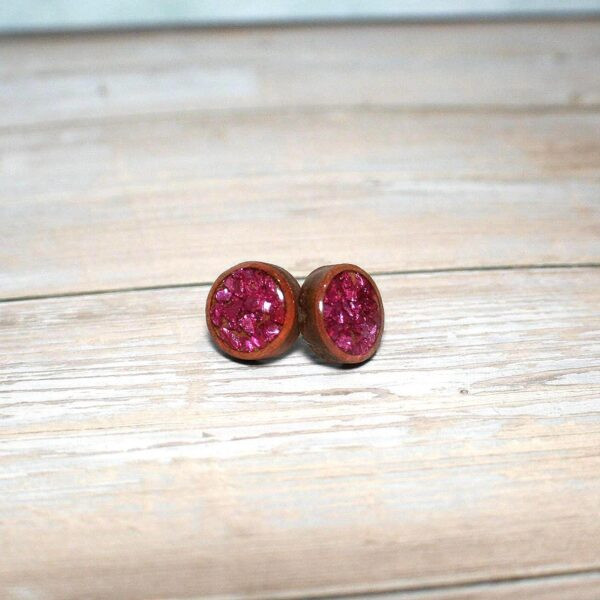 Hot Pink Metallic Resin Earrings – 12mm Round Hypoallergenic Stainless Steel Backs - Image 4