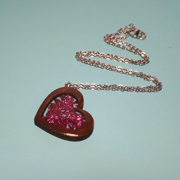 Handmade Wood & Resin Heart Necklace – Luan Hardwood Pendant with Metallic Pink Stones on Stainless Steel Chain – Nickel Lead-Free - Image 3