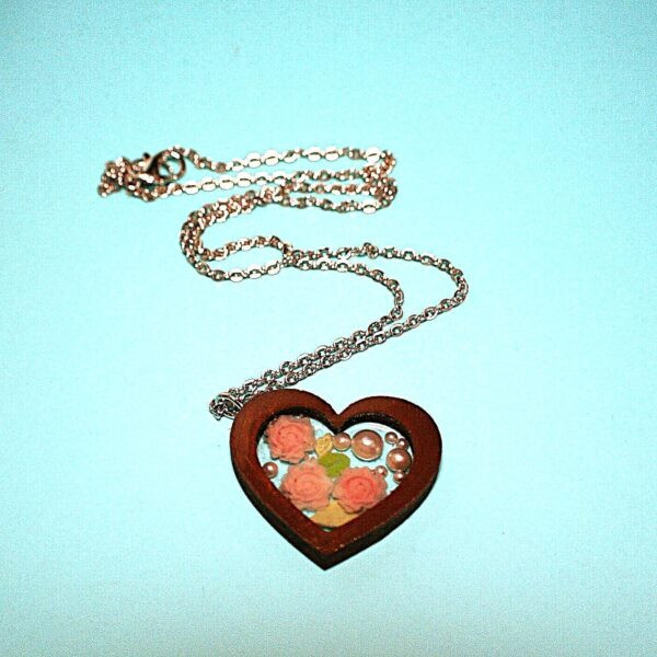 Rose, Pearl and Wood Resin Heart Necklace –  on Stainless Steel Chain – Nickel  Lead-Free - Image 5