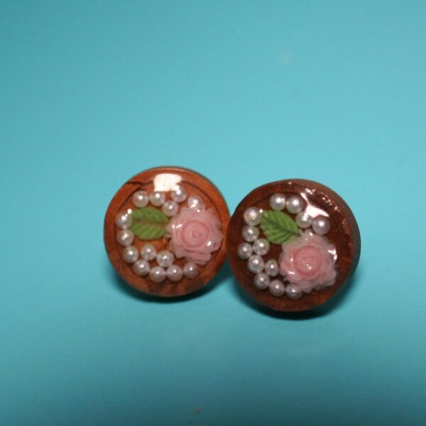 Handmade Wood & Resin Round Earrings – Luan Hardwood with Tiny Roses and Pearls – Lightweight and Nickel-Free - Image 6