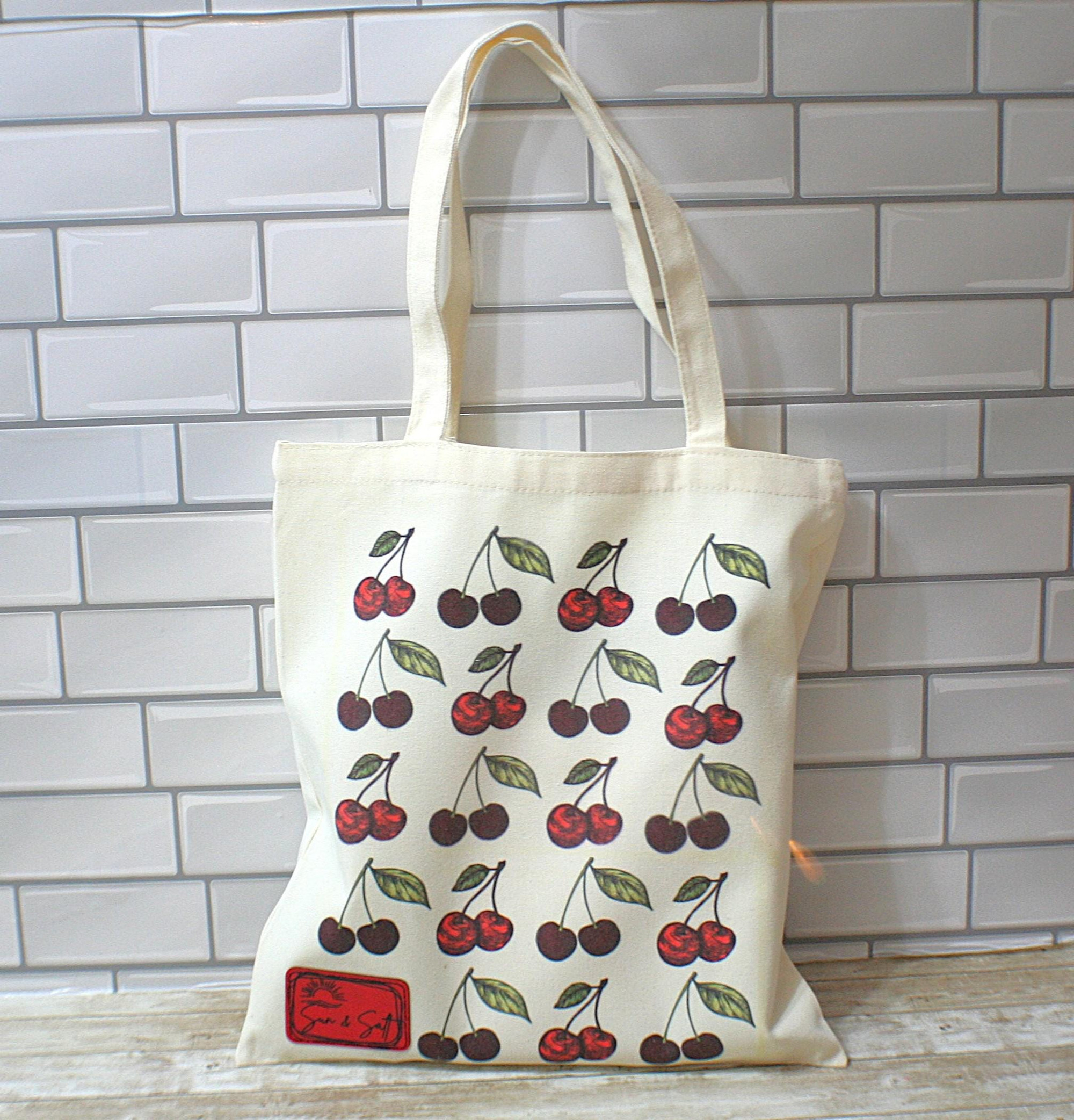 Cherry Tote Bag - Red Patch | Sun & Salt Collection Canvas Tote | Hand-Drawn Fruit Art Grocery Beach Market Bag | Summer Graphic Tote