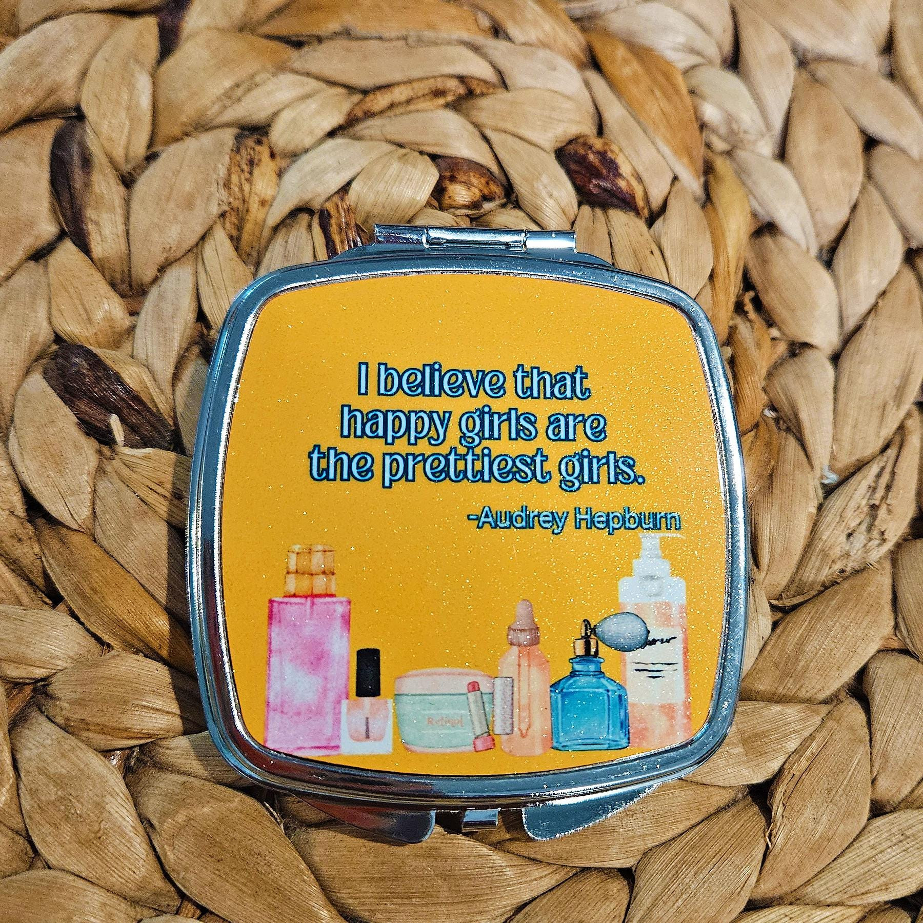 Audrey Hepburn Quote Compact Mirror - Happy Girls are the Prettiest Girls - Elegant Handheld Pocket Mirror - Purse Mirror - Handheld mirror