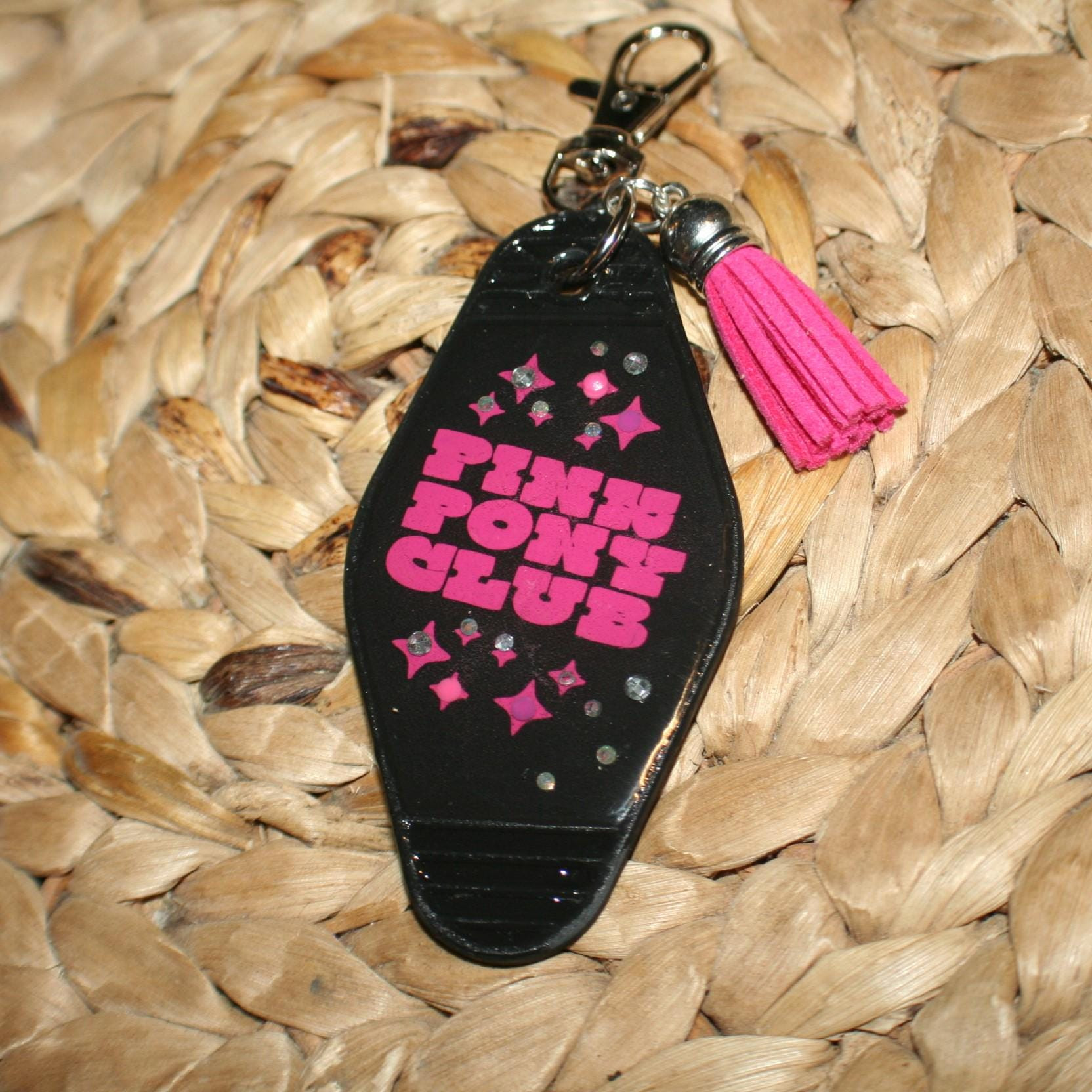 Chappell Roan-Inspired Pink Pony Club Motel Keychain with Crystals - Black & Pink Fan Accessory
