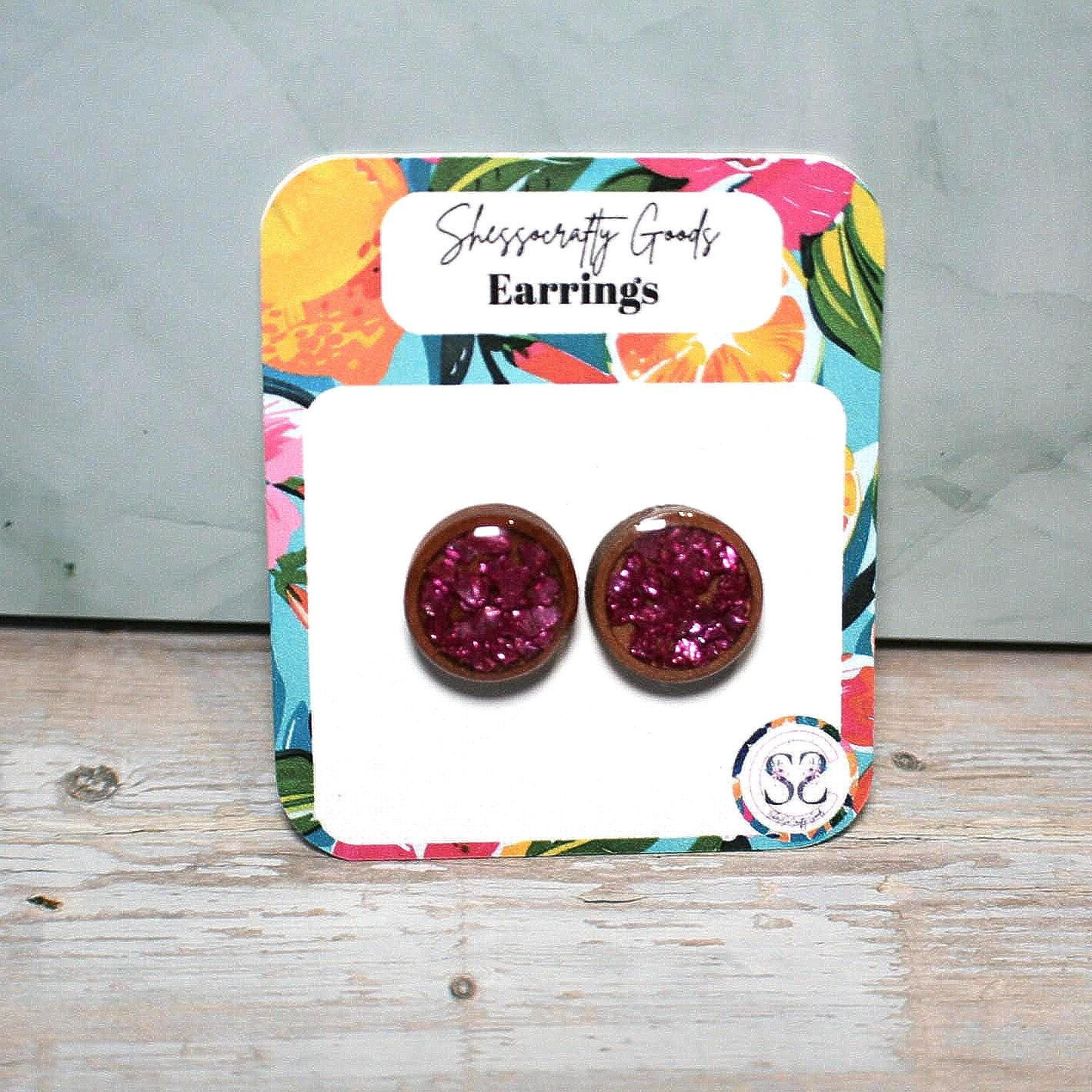 Hot Pink Metallic Resin Earrings – 12mm Round Hypoallergenic Stainless Steel Backs