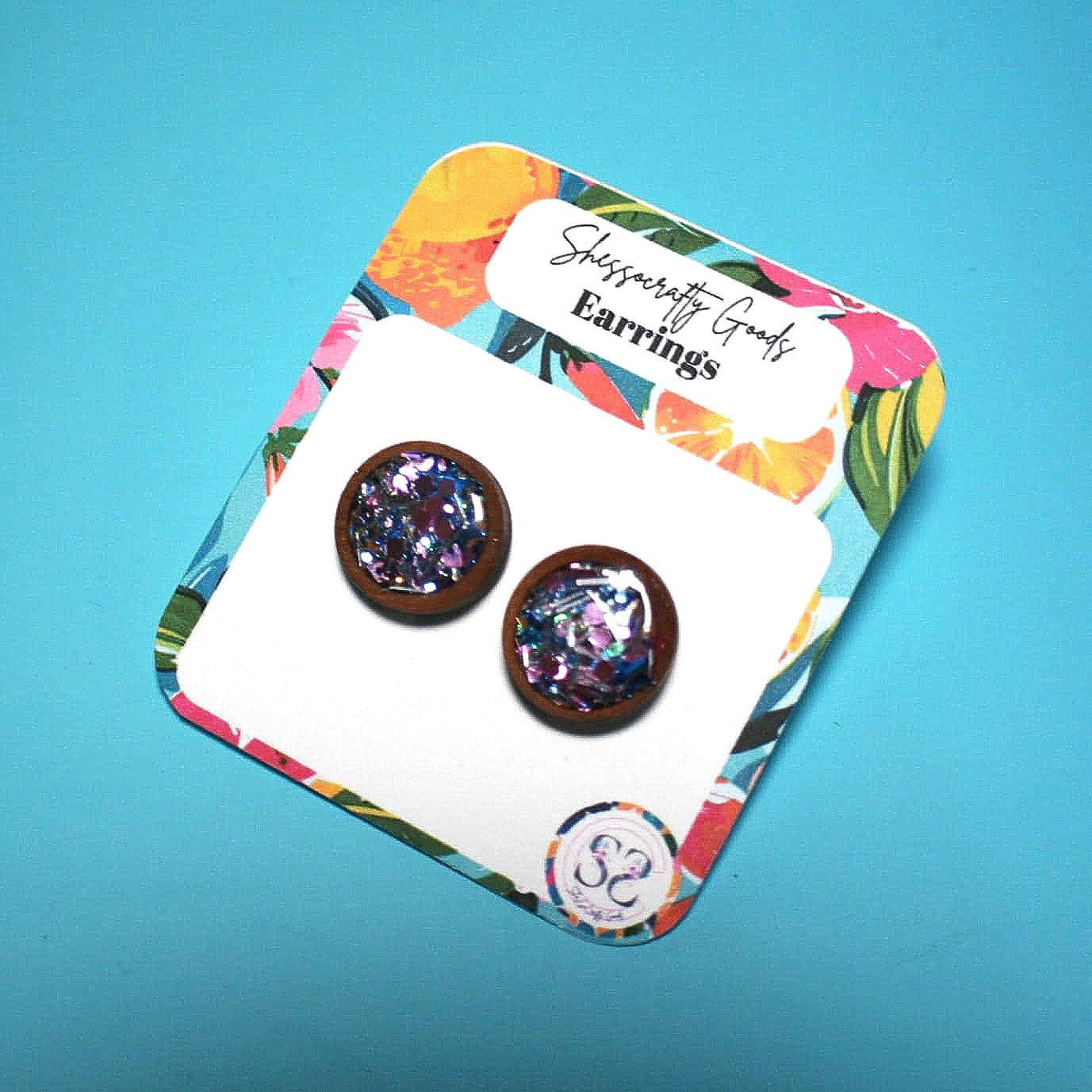 Handmade Wood and resin disco sparkle earrings – Hardwood with Purple, Blue, Pink and Silver Disco Confetti – Lightweight and Nickel-Free