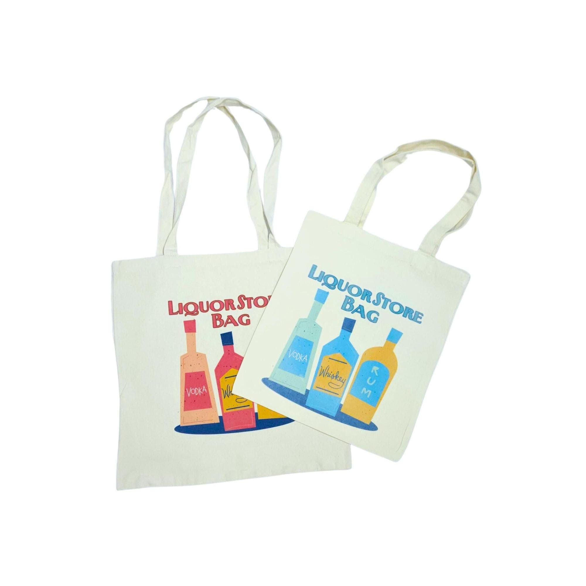 Retro-Inspired Liquor Store Tote Bag – Vintage Vibes with Retro Liquor Bottle Print | 2 Sizes Available – Small & Large Pink or Blue Version