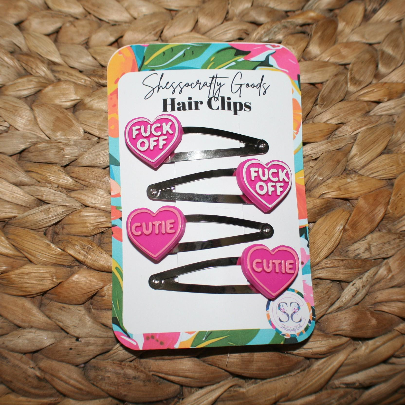 Sassy Conversation Heart Hair Clip Set - Hot Pink Candy Heart - Fuck Off - Cutie - Snap Clips - Valentines Day Hair Clips