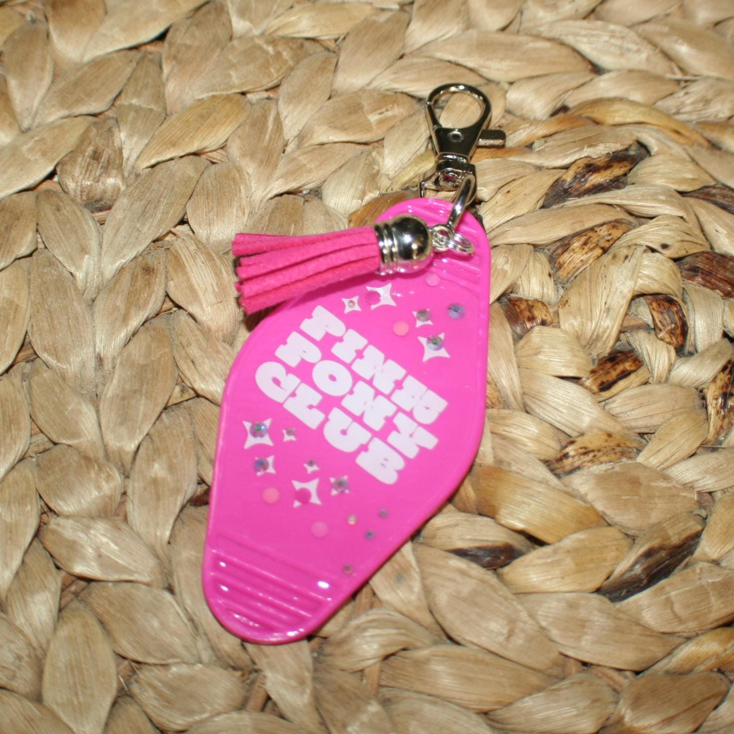 Pink Pony Club Motel Keychain - Hot Pink and White | Chappell Roan-Inspired Glossy Keychain with Crystals