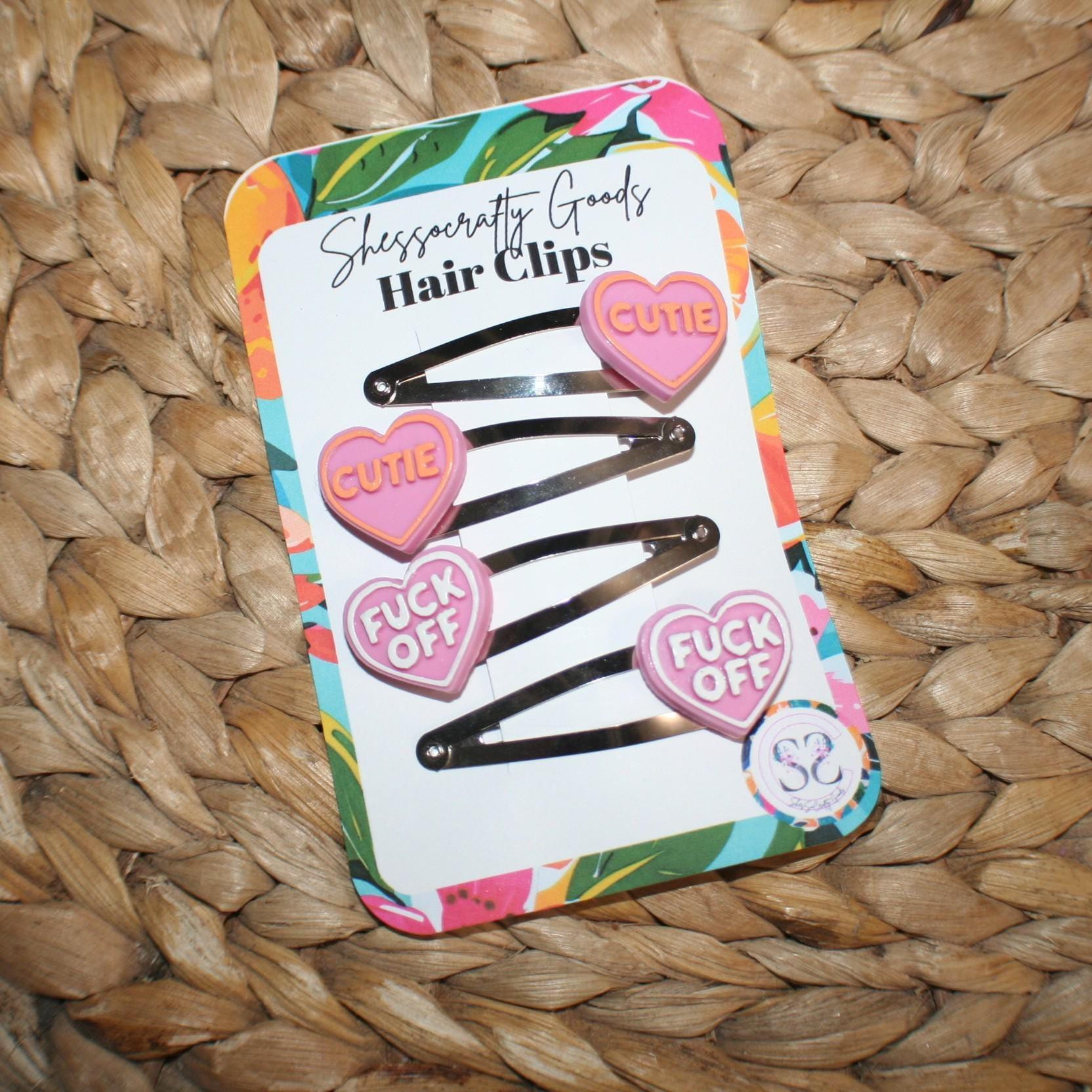 Sassy Conversation Heart Hair Clip Set - Baby Pink Candy Heart - Fuck Off - Cutie - Snap Clips - Valentines Day Hair Clips