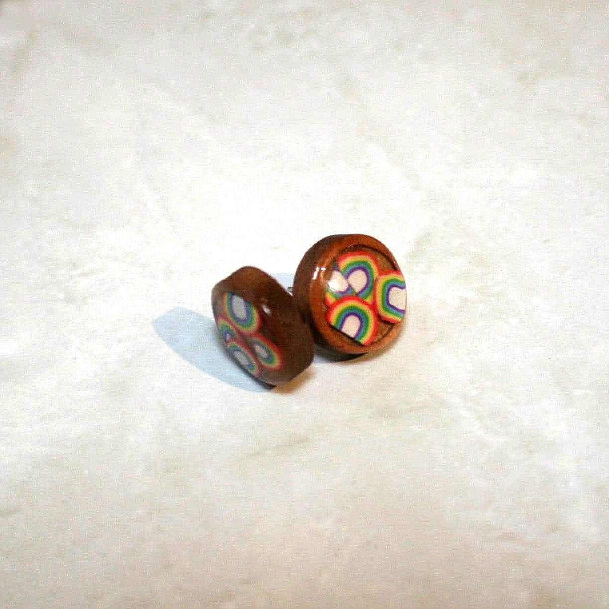 Handmade Wood & Resin Rainbow Stud Earrings – 12mm Round Stainless Steel Studs – LGBTQ+ Pride Jewelry