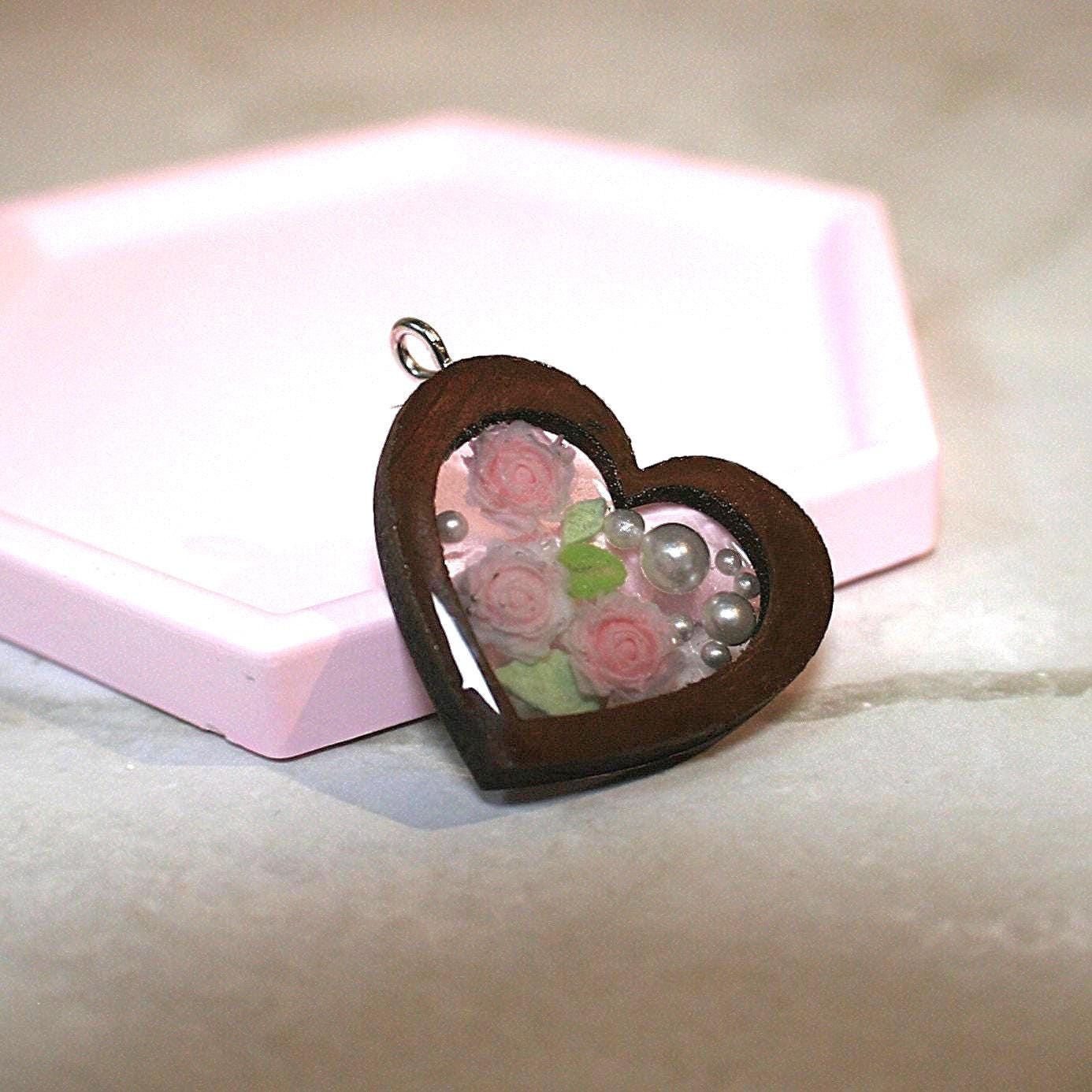 Rose, Pearl and Wood Resin Heart Necklace –  on Stainless Steel Chain – Nickel  Lead-Free