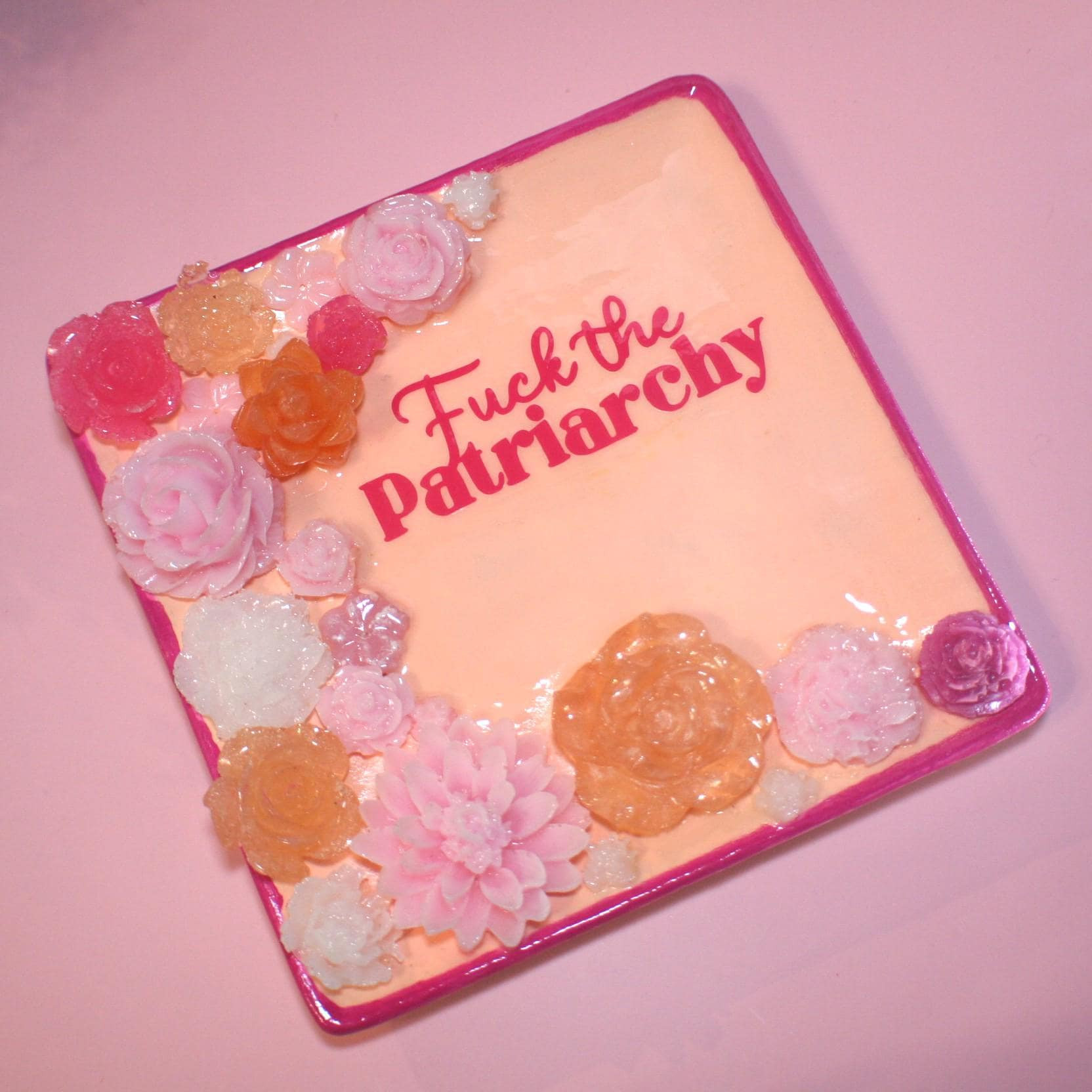 Fuck the Patriarchy Trinket Dish – Handmade & Hand-Painted Ceramic Dish with Resin Flowers -