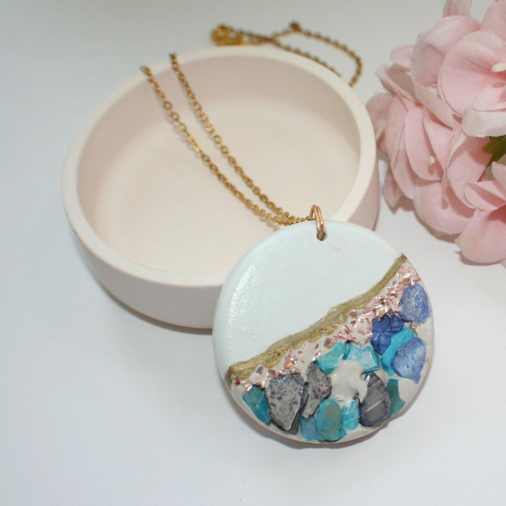 Handmade Concrete Pendant with Blue Stones & Rose Gold Accents – 1.75" Round Statement Necklace
