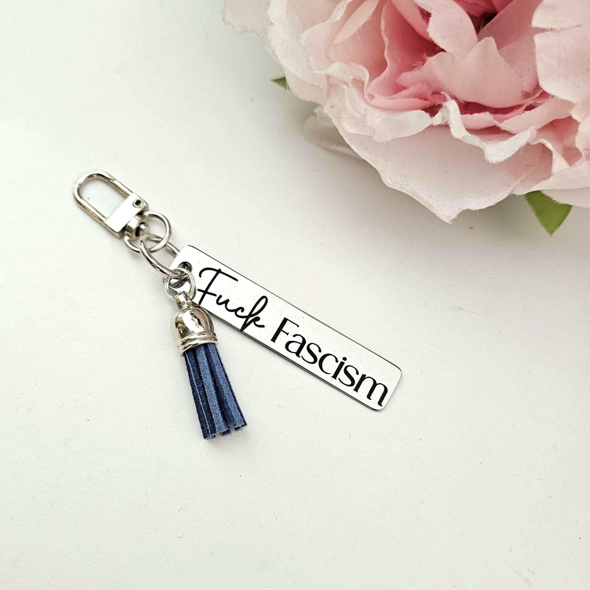 Fuck Fascism Keychain – Blue Tassel + Lobster Clasp - Stainless Steel