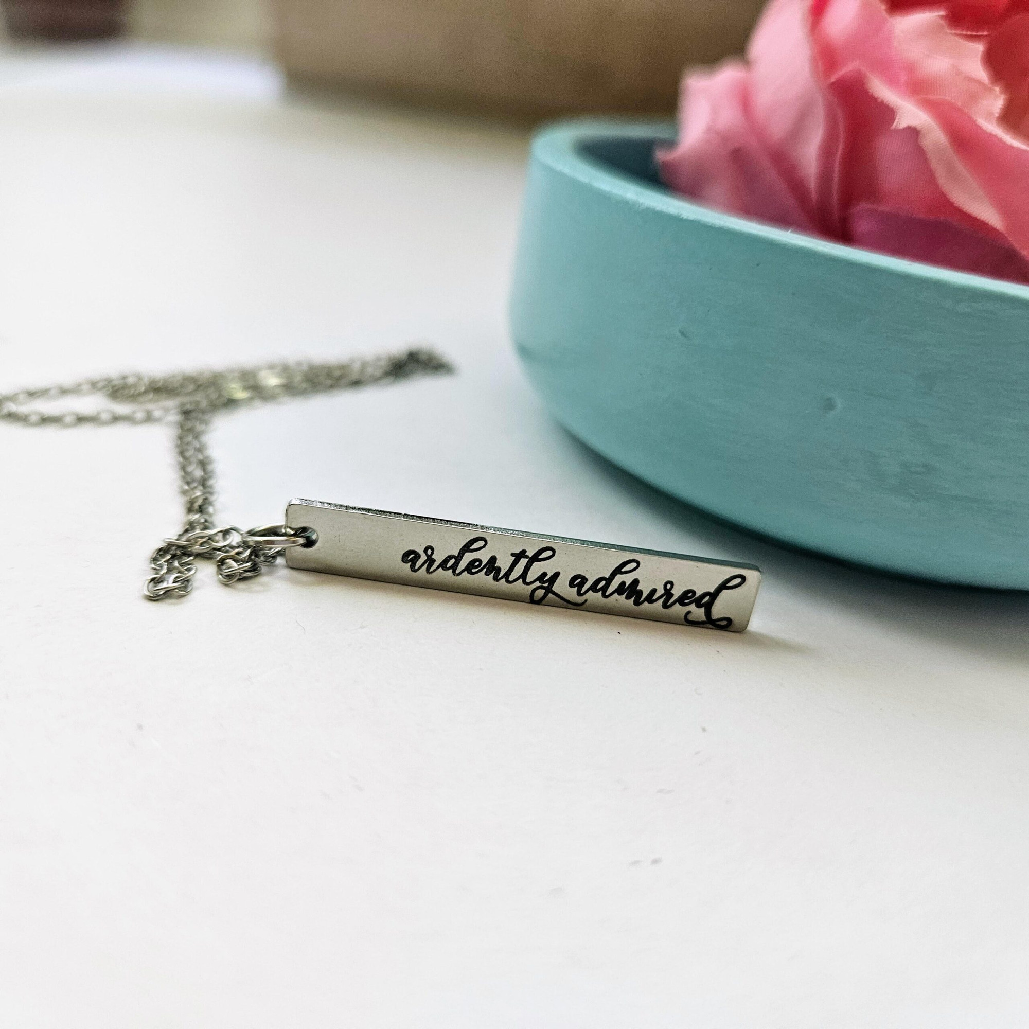 Ardently Admired Necklace β Jane Austen Inspired Bar Necklace β Pride and Prejudice Jewelry β Book Lover Gift β Mr. Darcy Quote