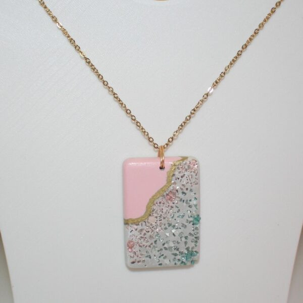 Large Rectangle Concrete Pendant with Rose Gold & Turquoise Stone Inlay – Soft Pink + Gold Chrome Accent - Image 4