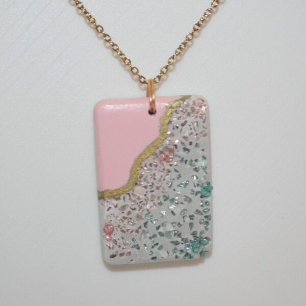 Large Rectangle Concrete Pendant with Rose Gold & Turquoise Stone Inlay – Soft Pink + Gold Chrome Accent - Image 6