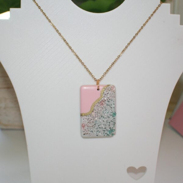 Large Rectangle Concrete Pendant with Rose Gold & Turquoise Stone Inlay – Soft Pink + Gold Chrome Accent - Image 5