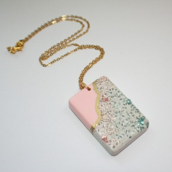 Large Rectangle Concrete Pendant with Rose Gold & Turquoise Stone Inlay – Soft Pink + Gold Chrome Accent - Image 3
