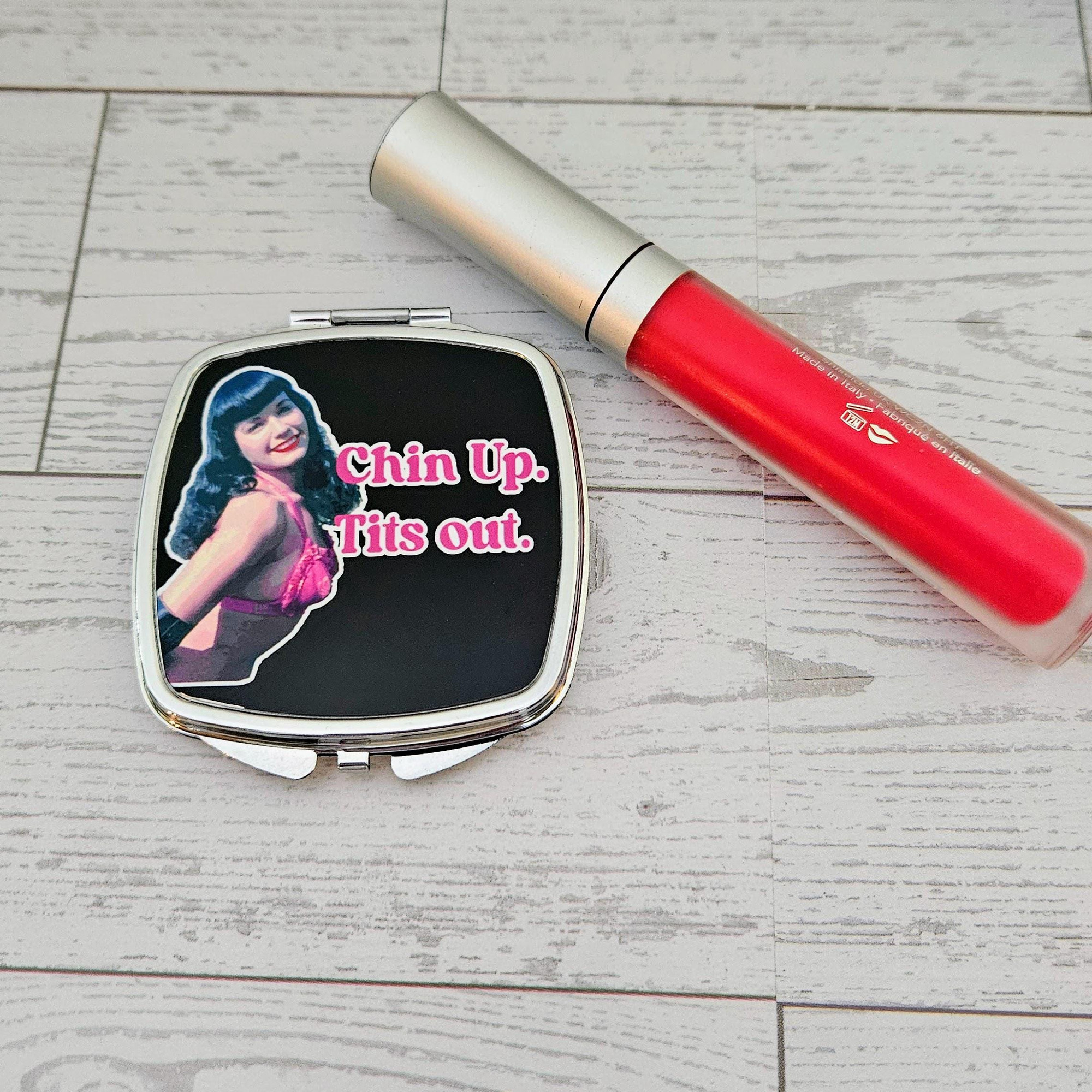 Bettie Page Compact Mirror – Retro Pin-Up Makeup Accessory – Feminist Gift Idea - Chin Up Tits Out