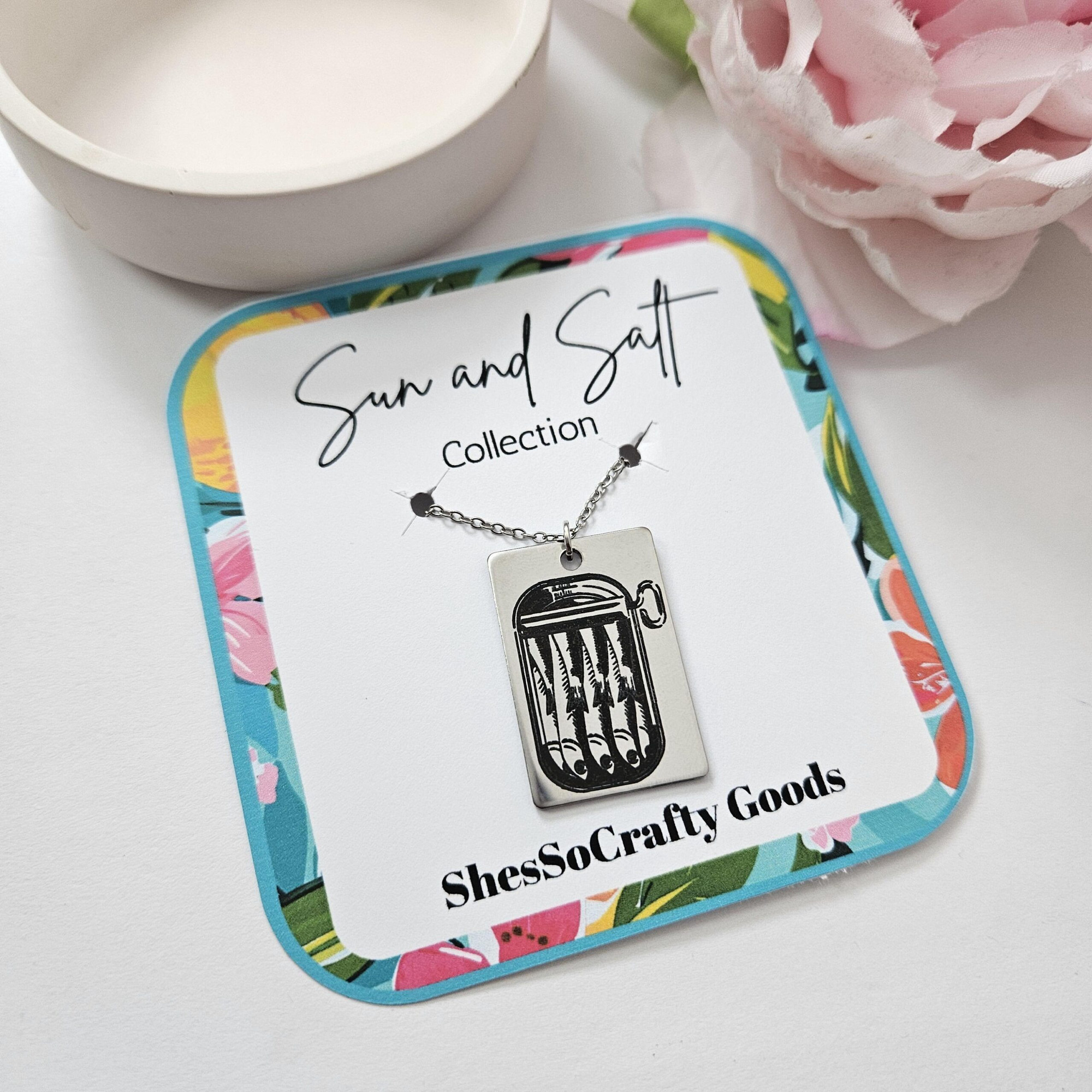 Sardine Can Necklace – Engraved Stainless Steel Pendant – Nautica Jewelry, Mediterranean Fish Charm, Summer Sea Style Necklace Sun and Salt