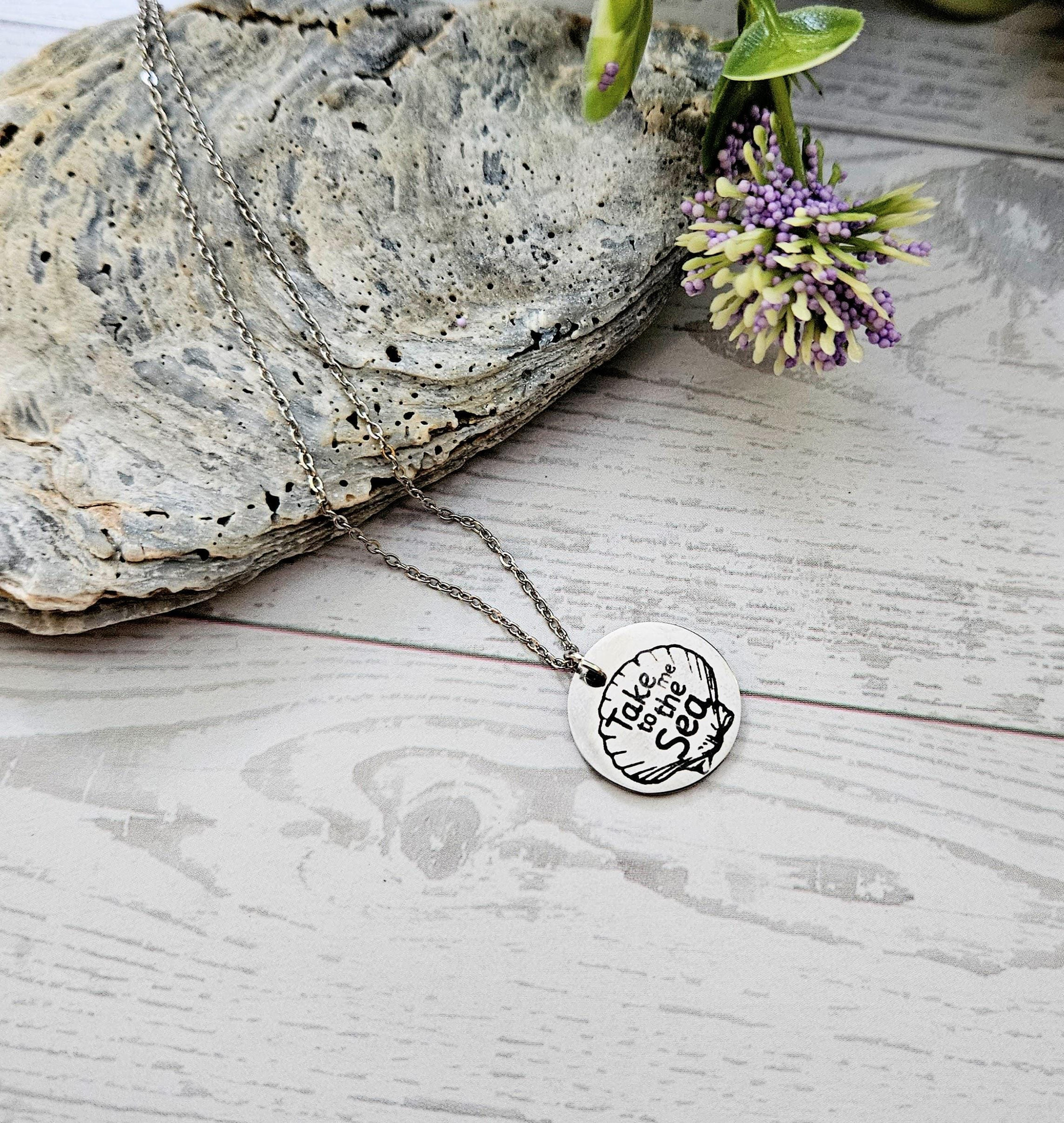 Take Me to the Sea Shell Necklace β Engraved Silver Stainless Steel Scallop Pendant, Engraved Mirror Charm, Adjustable Ocean Lover Gift