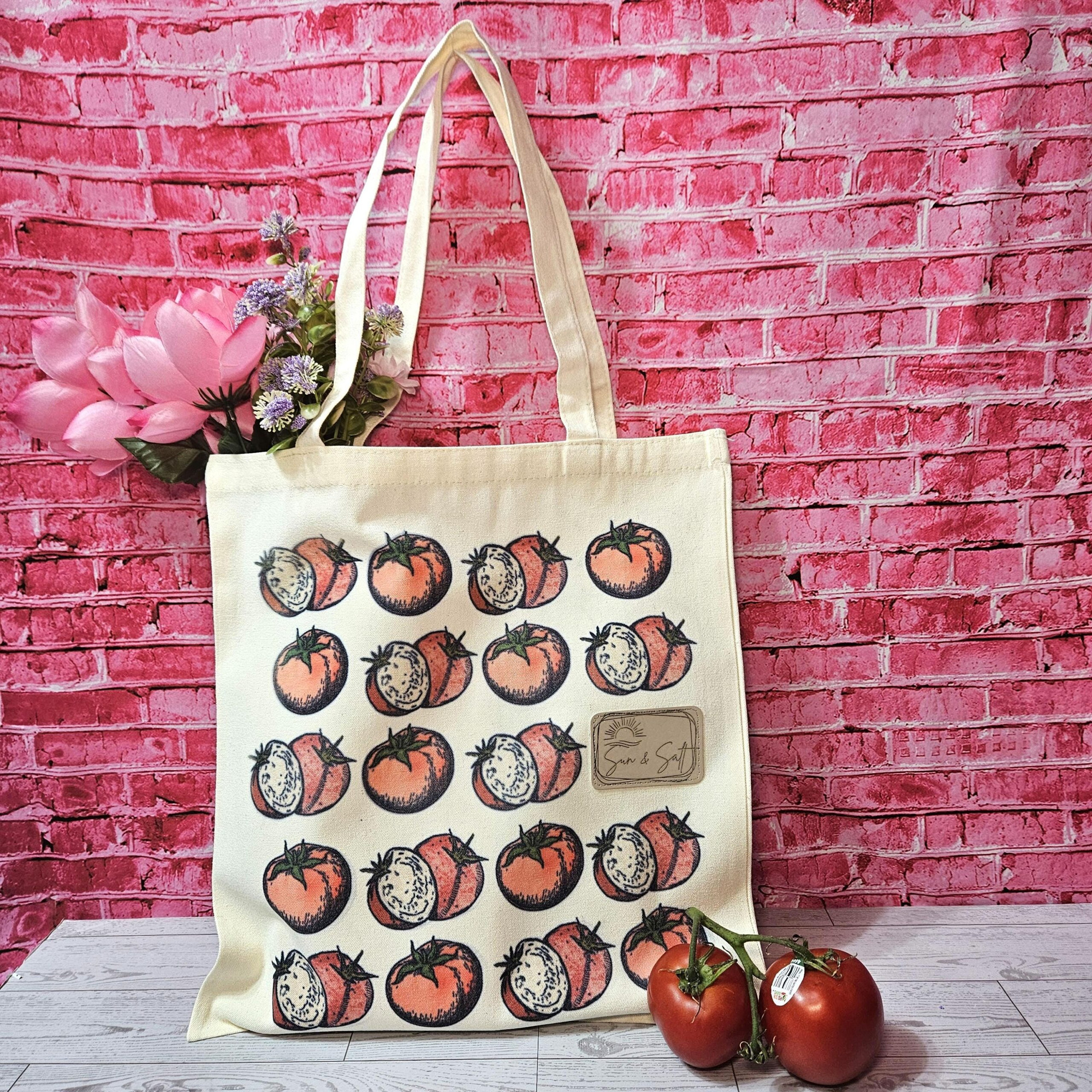 Tomato Tote Bag - Brown Patch | Sun & Salt Canvas Tote | Farmer’s Market Heavyweight Bag | Pop Art Summer Grocery Beach Tote