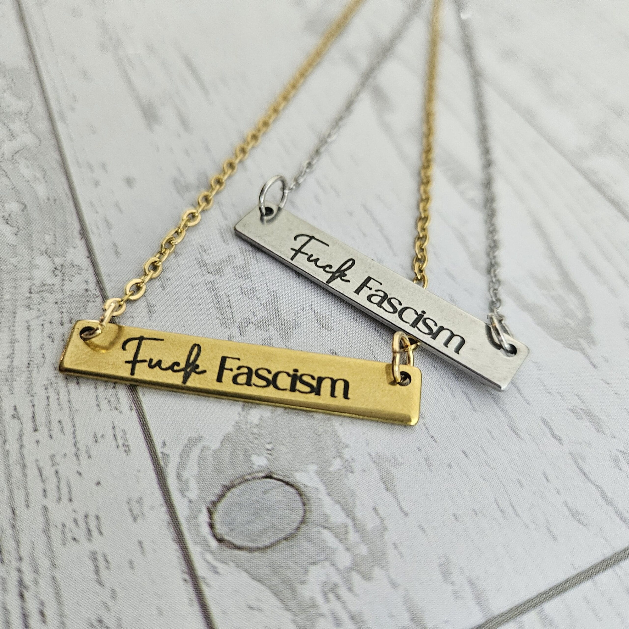 Fuck Fascism Bar Necklace – Stainless Steel or 18K Gold Plated | Laser Engraved Activist Pendant