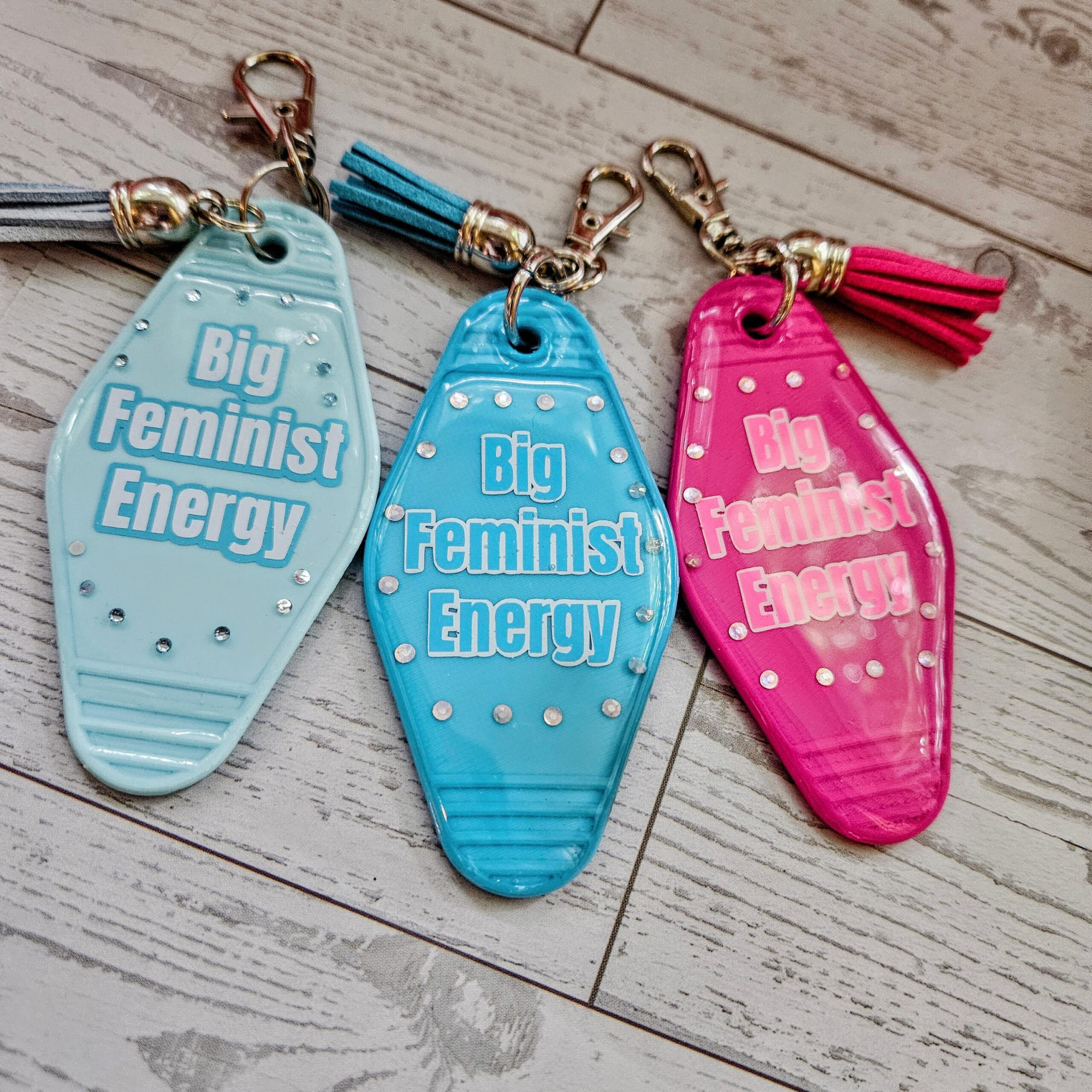 Big Feminist Energy Retro Motel Keychain | Rhinestone Feminist Gift | Activist Key Tag Bag Charm