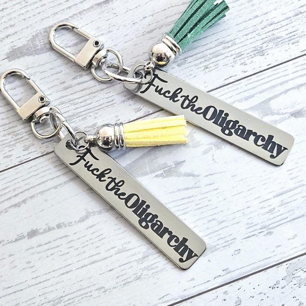 Fuck The Oligarchy Keychain With Tassel – Feminist Stainless Steel Statement Accessory – Keychains – Handmade By Shessocrafty Goods
