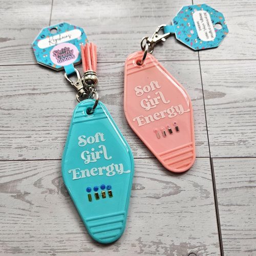 Soft Girl Energy Keychain • 3D Printed Rhinestone Bag Charm – Keychains – Handmade by ShesSoCrafty Goods