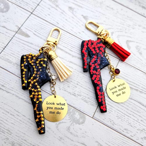 Showgirl Era Snake Rhinestone Bodysuit Bag Charm • Engraved Gold Tag & Tassel – Keychains – Handmade by ShesSoCrafty Goods