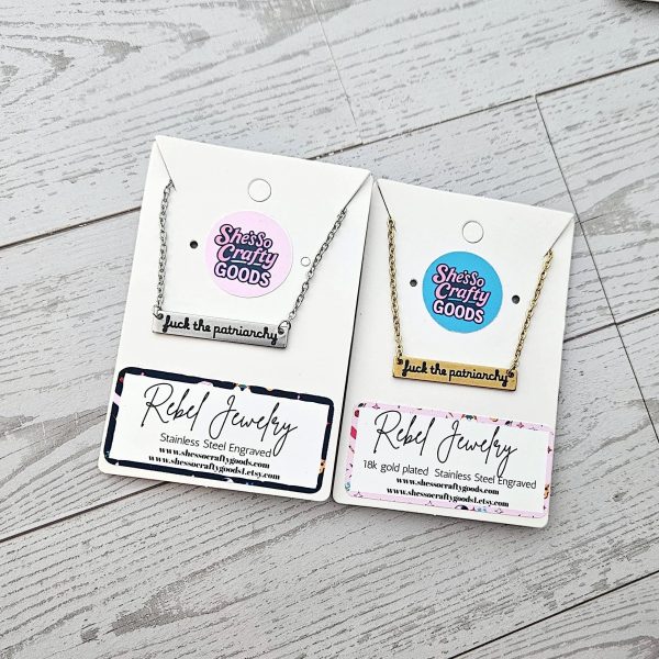 Fuck The Patriarchy Bar Necklace: Feminist Stainless Steel Or Gold-Plated Jewelry – Jewelry – Handmade By Shessocrafty Goods