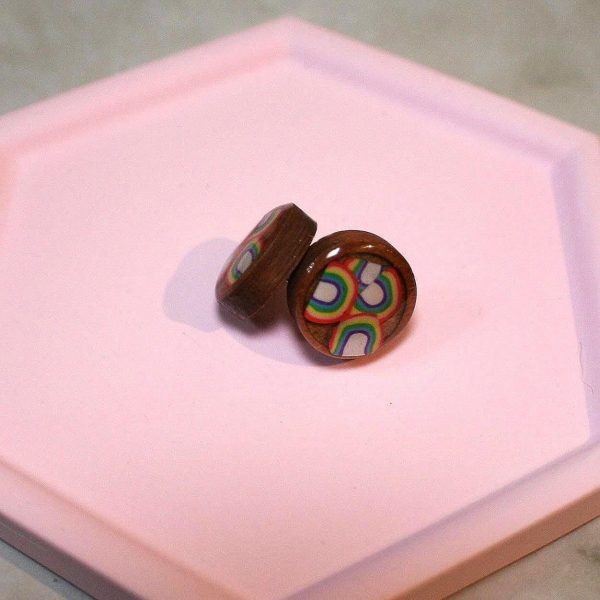 Handmade Wood &Amp; Resin Rainbow Stud Earrings – 12Mm Round Stainless Steel Studs – Lgbtq+ Pride Jewelry – Jewelry – Handmade By Shessocrafty Goods
