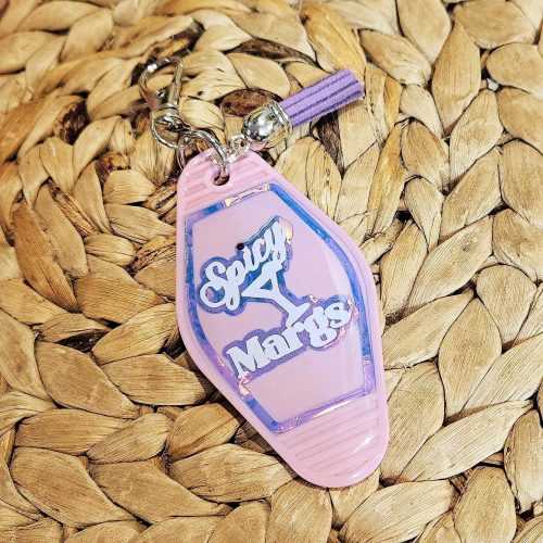 Spicy Margarita Motel Keychain: Retro Pink Holographic Keychain – Keychains – Handmade by ShesSoCrafty Goods