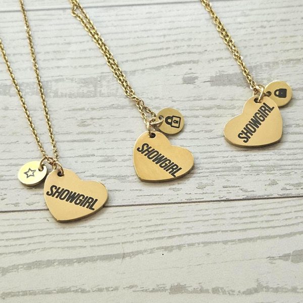 Gold Showgirl Heart Necklace: Engraved Stainless Steel Pendant, Charm Accent – Jewelry – Handmade By Shessocrafty Goods