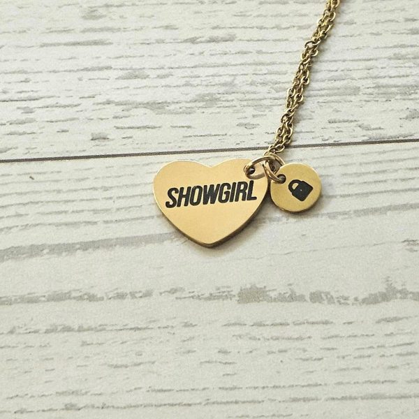 Gold Showgirl Heart Necklace: Engraved Stainless Steel Pendant, Charm Accent – Jewelry – Handmade By Shessocrafty Goods