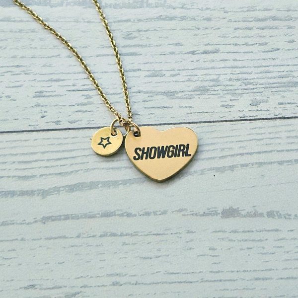 Gold Showgirl Heart Necklace: Engraved Stainless Steel Pendant, Charm Accent – Jewelry – Handmade By Shessocrafty Goods