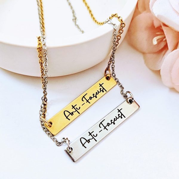 Anti-Fascist Bar Necklace, Stainless Steel Resistance Jewelry - Activist Gift, Leftist Political Pendant, Punk Engraved Charm – Jewelry – Handmade By Shessocrafty Goods