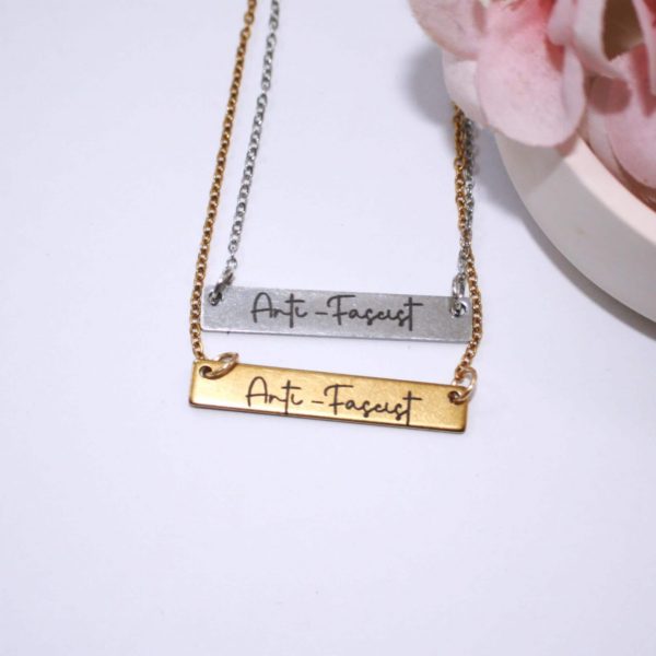 Anti-Fascist Bar Necklace, Stainless Steel Resistance Jewelry - Activist Gift, Leftist Political Pendant, Punk Engraved Charm – Jewelry – Handmade By Shessocrafty Goods