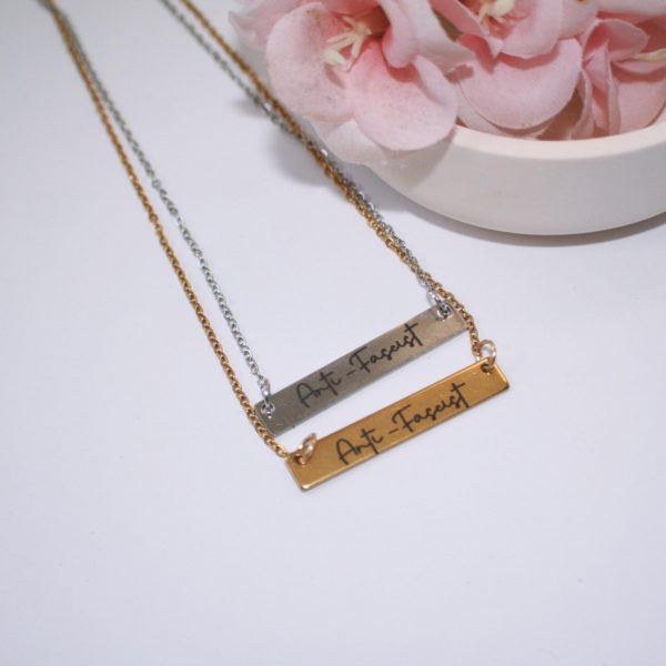Anti-Fascist Bar Necklace, Stainless Steel Resistance Jewelry - Activist Gift, Leftist Political Pendant, Punk Engraved Charm – Jewelry – Handmade By Shessocrafty Goods