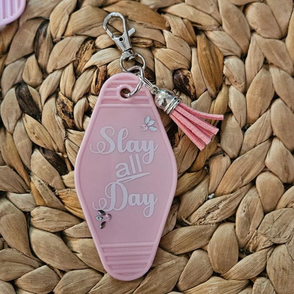 il_fullxfull.7581659886_4nbz-1 Slay All Day Motel Keychain: 3D Printed Pink Bag Charm – Keychains – Handmade By Shessocrafty Goods