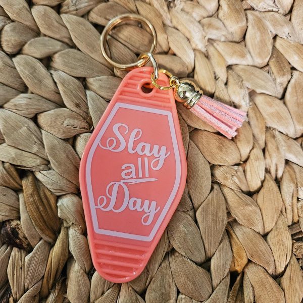 il_fullxfull.7581659906_7nac-1 Slay All Day Motel Keychain: 3D Printed Pink Bag Charm – Keychains – Handmade By Shessocrafty Goods